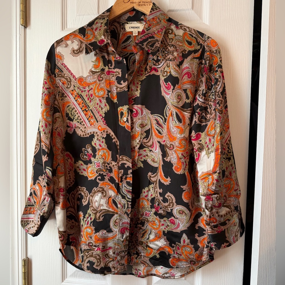 L'AGENCE Dani silk button-up blouse in a black multi paisley print size small